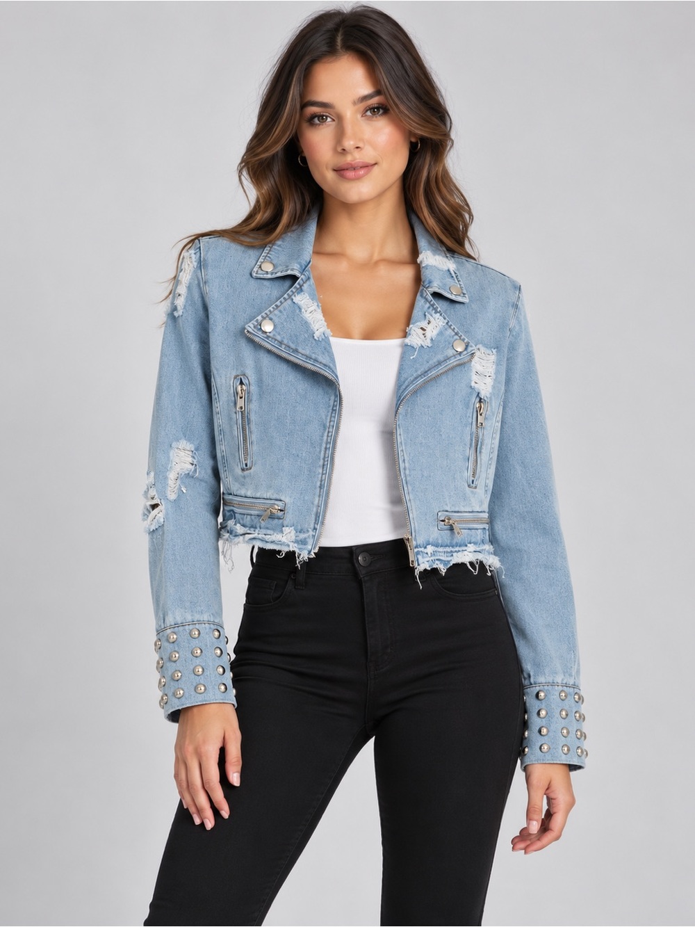 Light Blue Distressed Denim Moto Jacket with Studded Cuffs